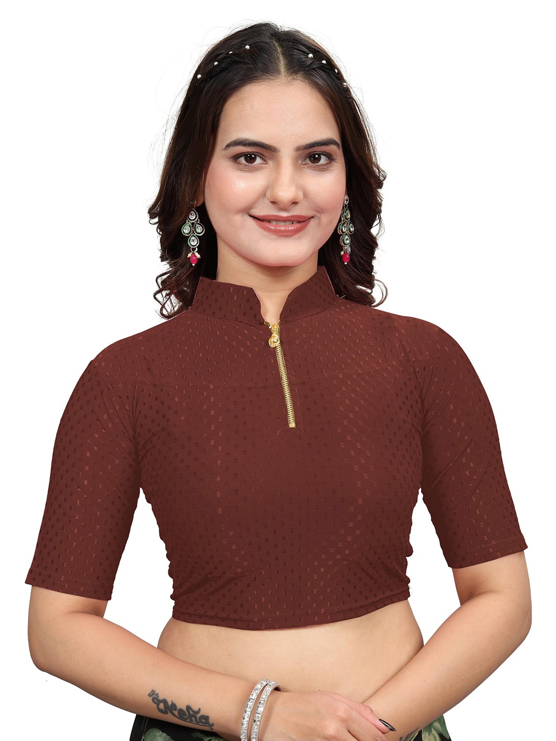 

SS Sanket Synthetics Dobby Textured Zipper Saree Blouse, Coffee brown