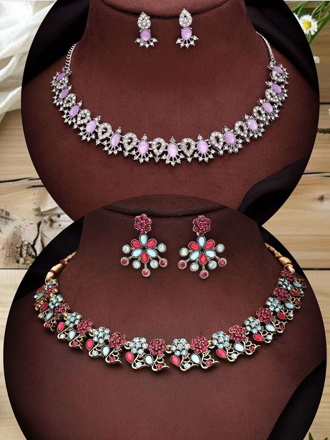 

DIVASTRI Set Of 2 Gold-Plated American Diamond Studded Jewellery Sets