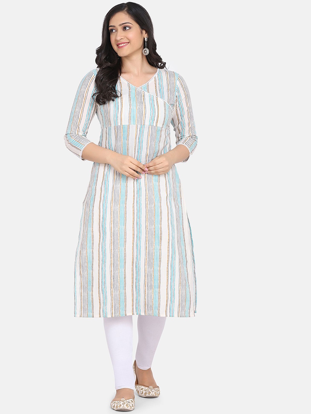

Fourleaf Striped V-Neck Three-Quarter Sleeves Angrakha Pure Cotton Straight Kurta, White
