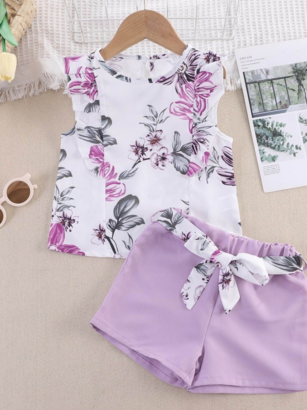 

Xsole Girls Floral Printed Sleeveless Top with Shorts, Lavender