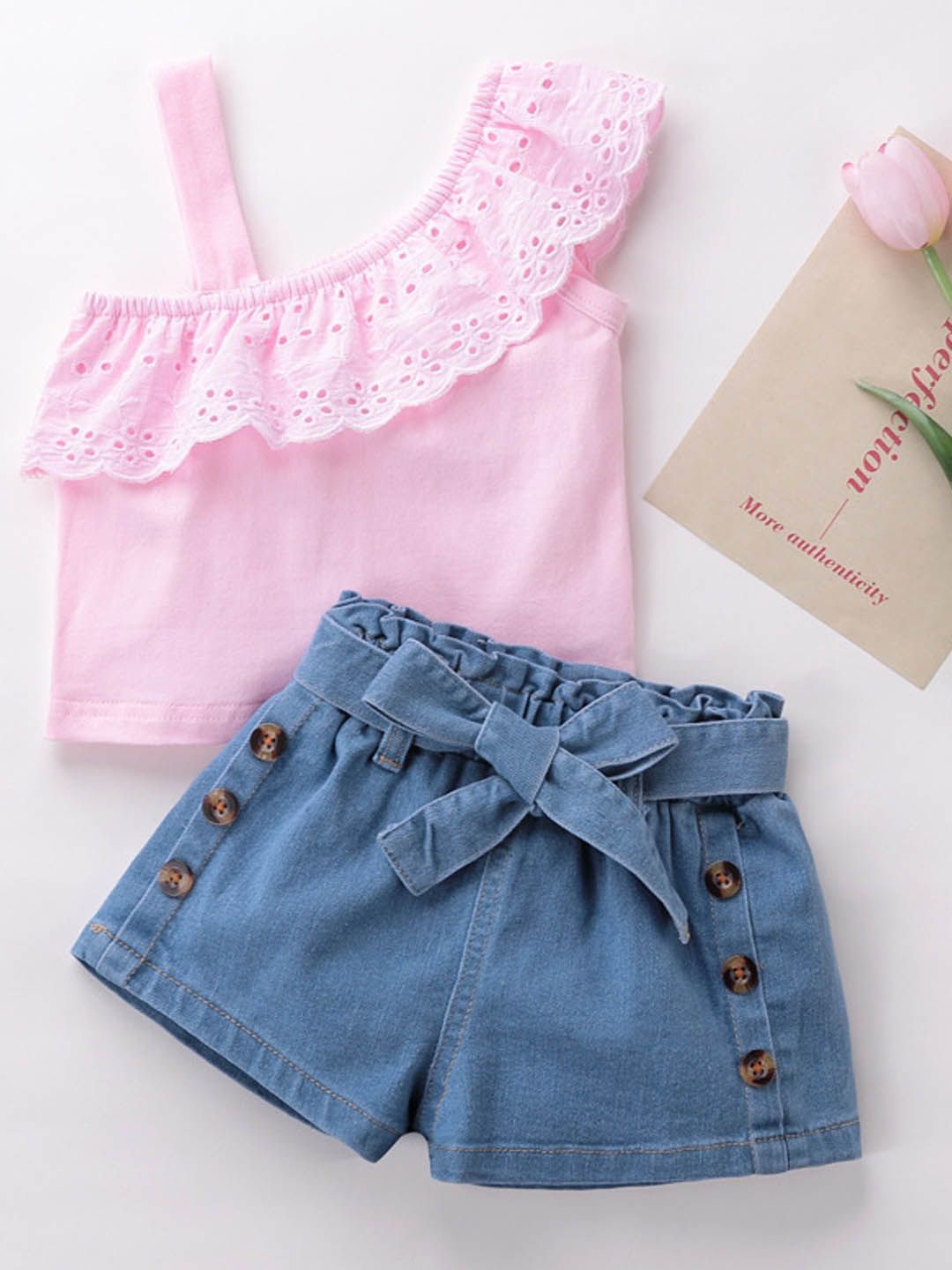 

Xsole Girls One Shoulder Lace Design Top & Shorts, Pink