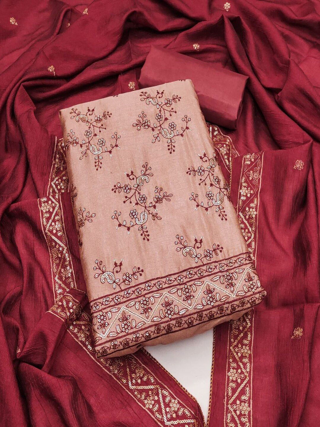 

REALLTREND Floral Embroidered Sequinned Unstitched Dress Material, Burgundy