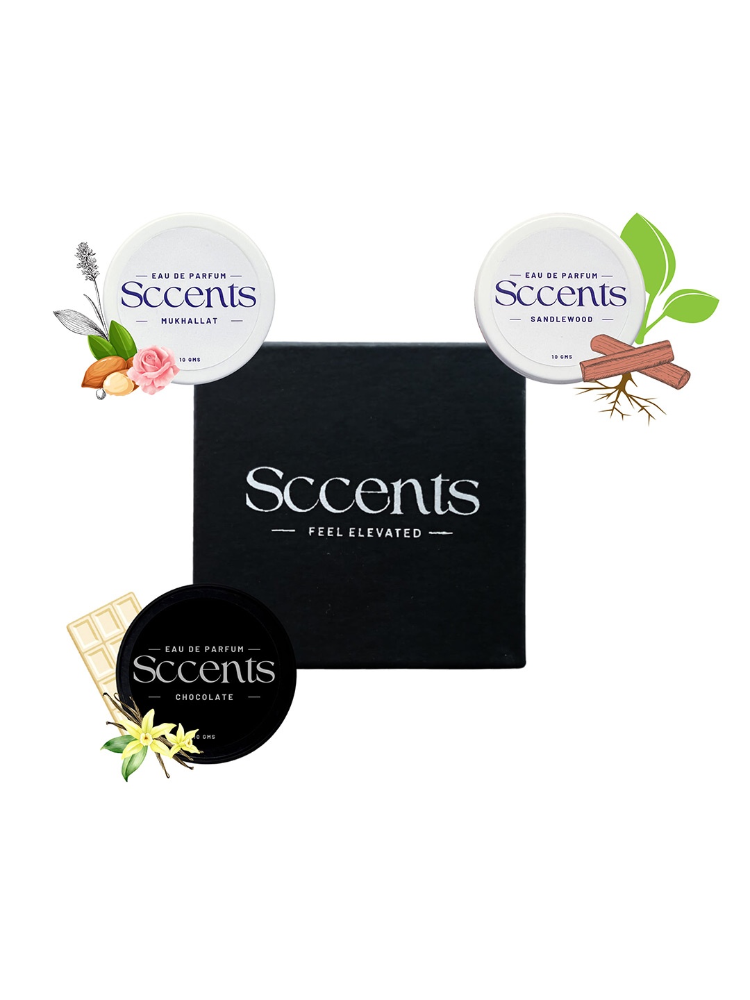 

Sccents Set Of 3 Mukhallat, Sandalwood & Chocolate Long Lasting Solid Perfume - 10 g Each, White