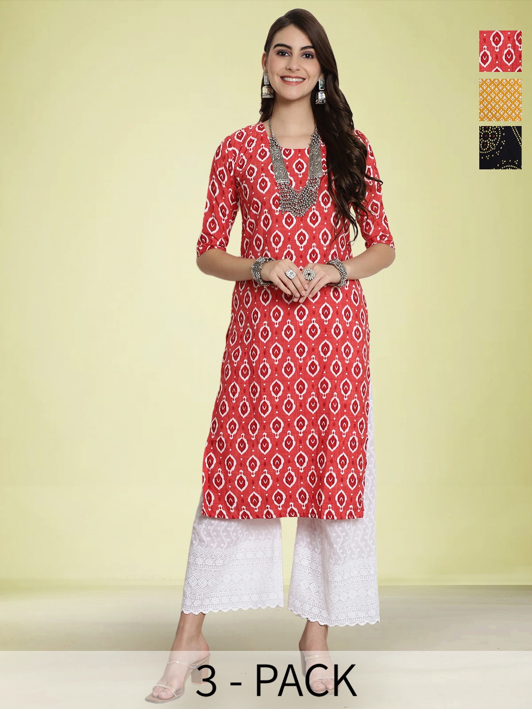 

Moda Rapido Selection Of 3 Ethnic Motifs Printed Round Neck Straight Kurtas, Red