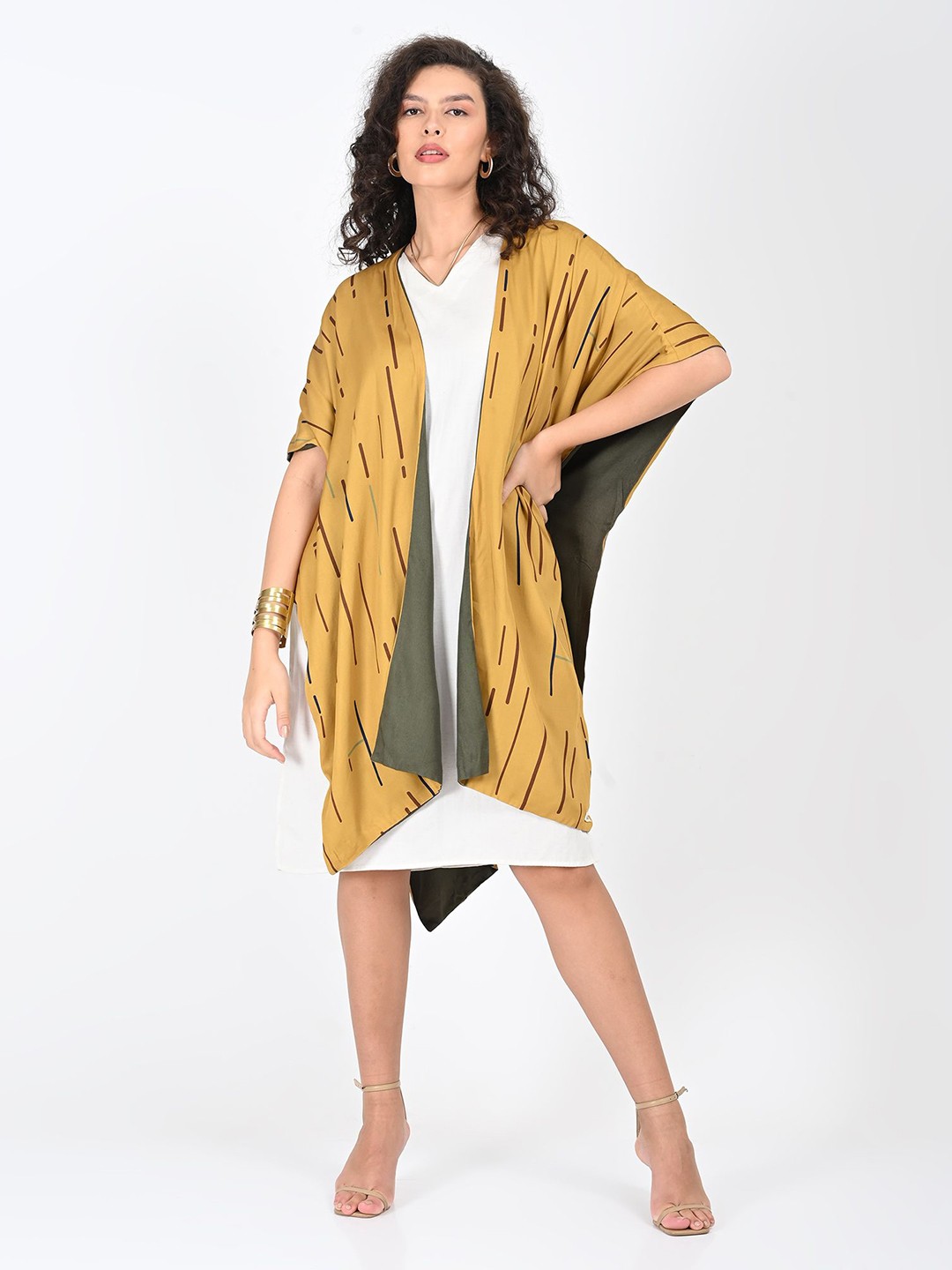 

Saltpetre Women Mustard Reversible Cape with Cream V-neck Dress Set