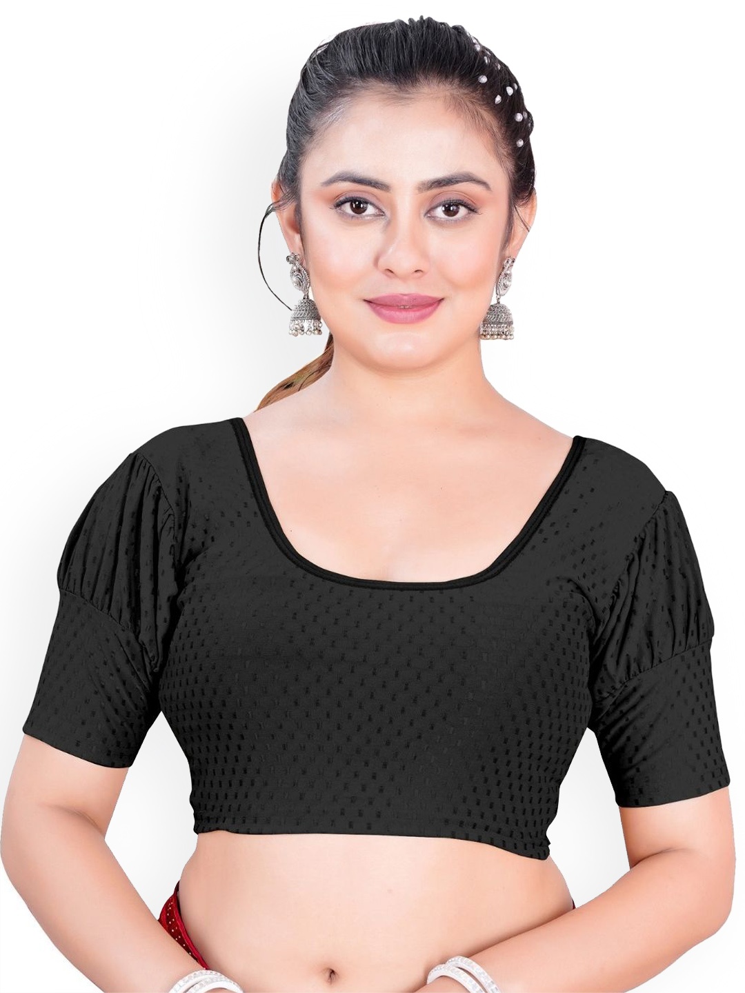 

SS Sanket Synthetics Dobby Textured Stretchable Balloon Saree Blouse, Black