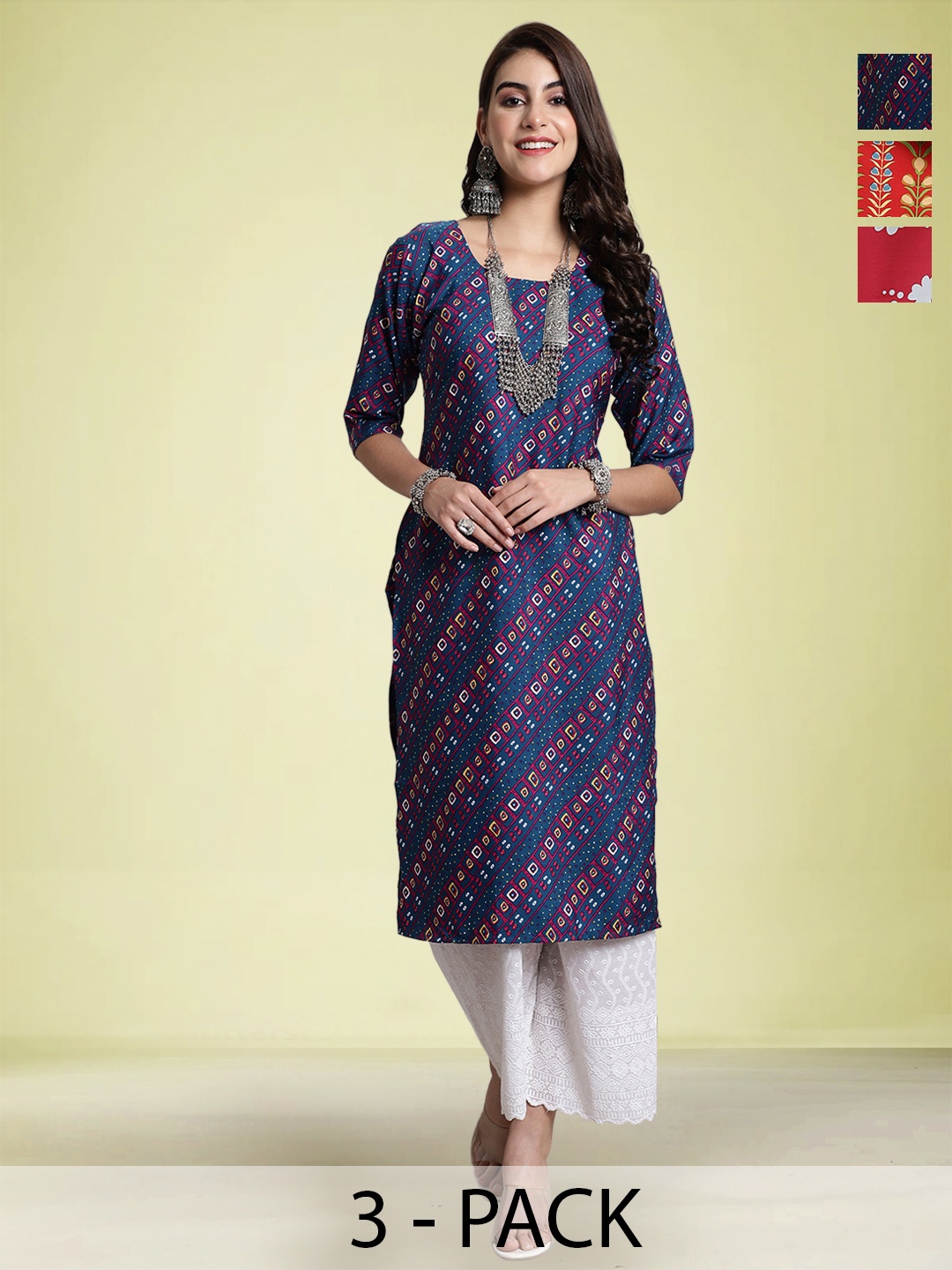 

Moda Rapido Selection Of 3 Ethnic Motifs Printed Round Neck Straight Kurtas, Blue