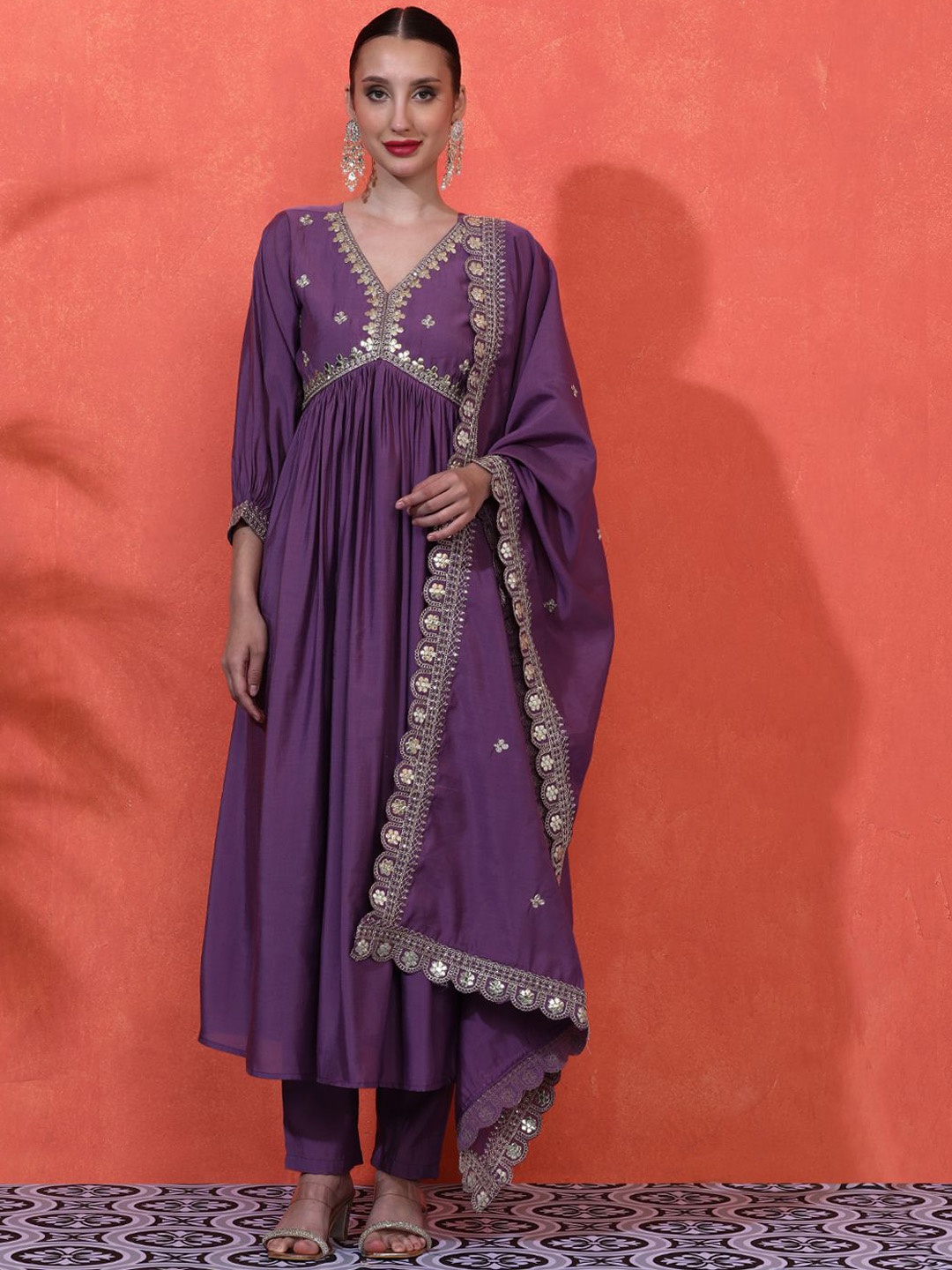 

Sangria Women Embroidered Anarkali Kurta With Trousers & Dupatta, Purple