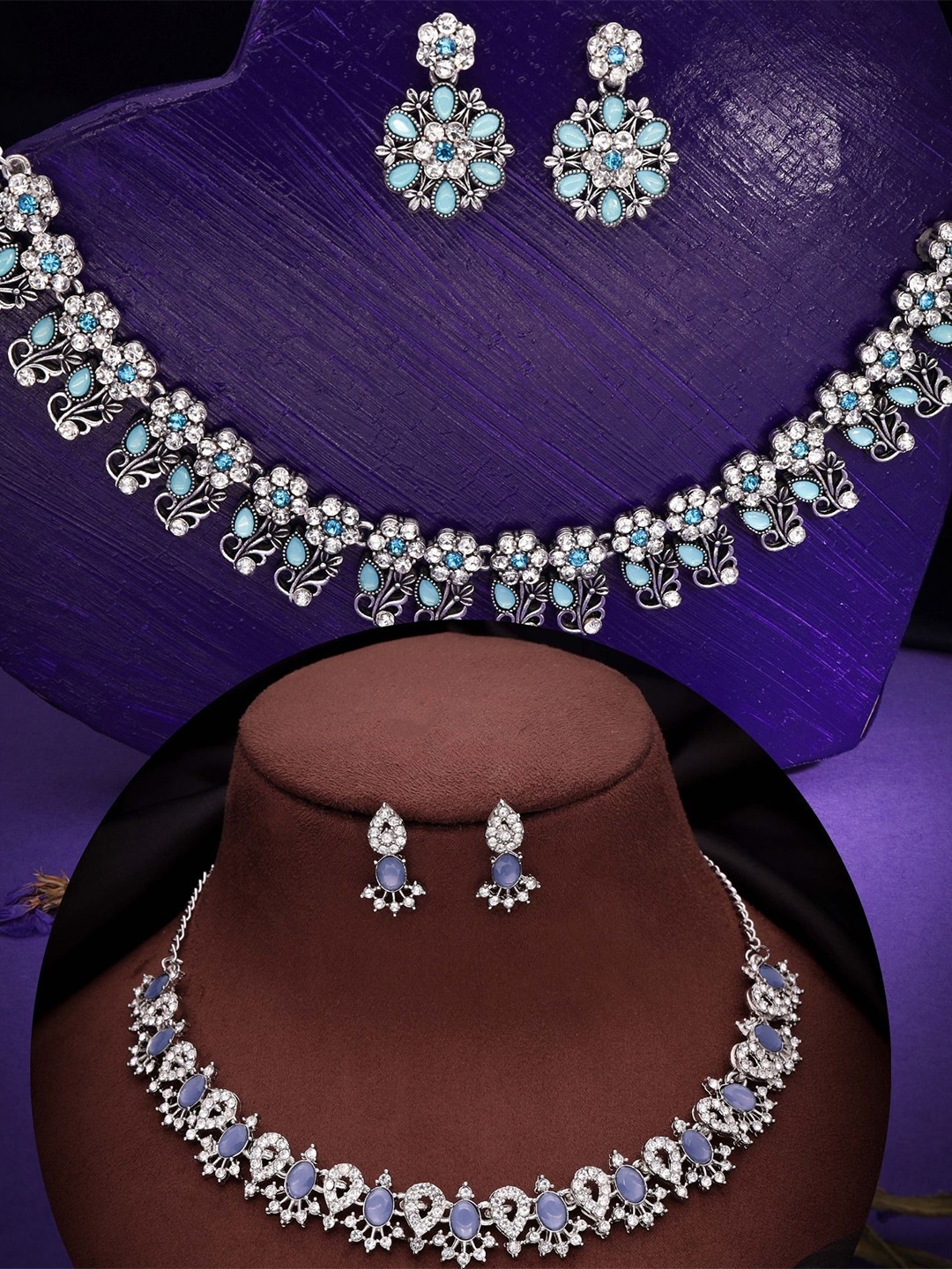

DIVASTRI Set Of 2 Silver Plated American Diamonds Studded Jewellery Set