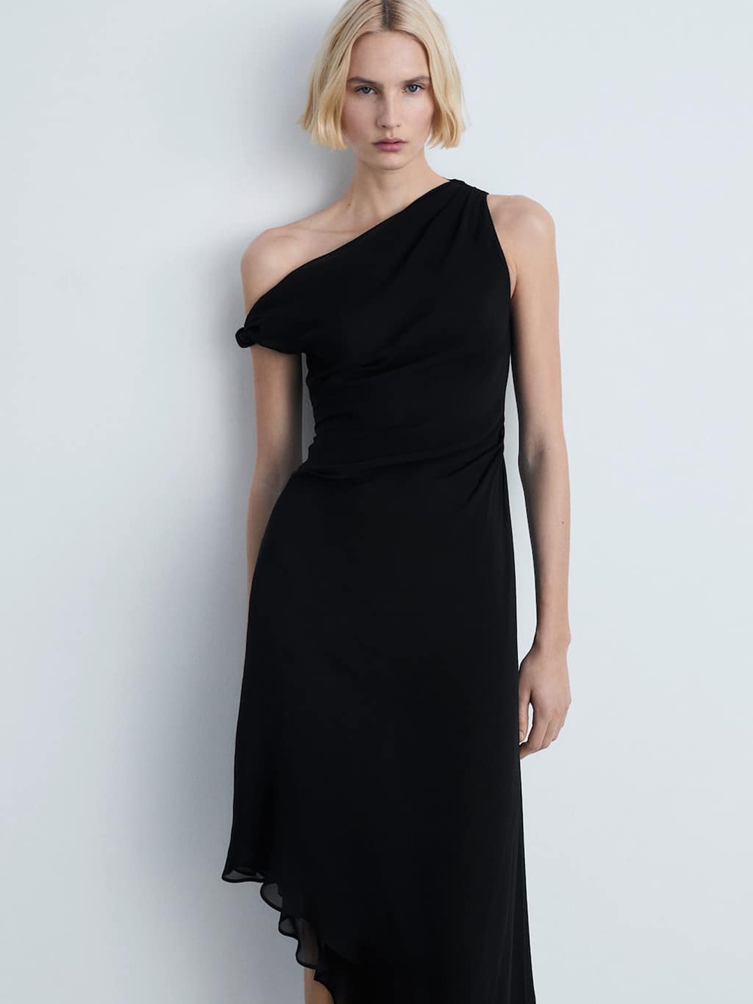 

MANGO Asymmetric Neck A-Line Midi Dress, Black