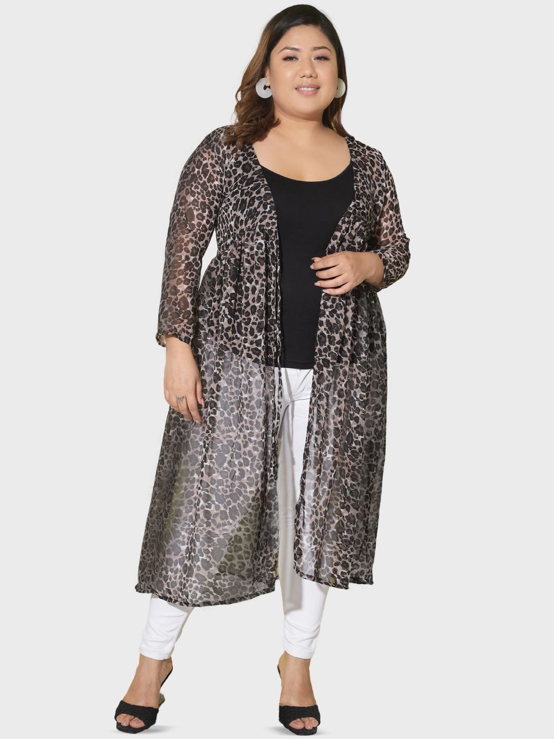 

DIMPY GARMENTS Animal Print Gathered Georgette Longline Open Front Shrug, Brown