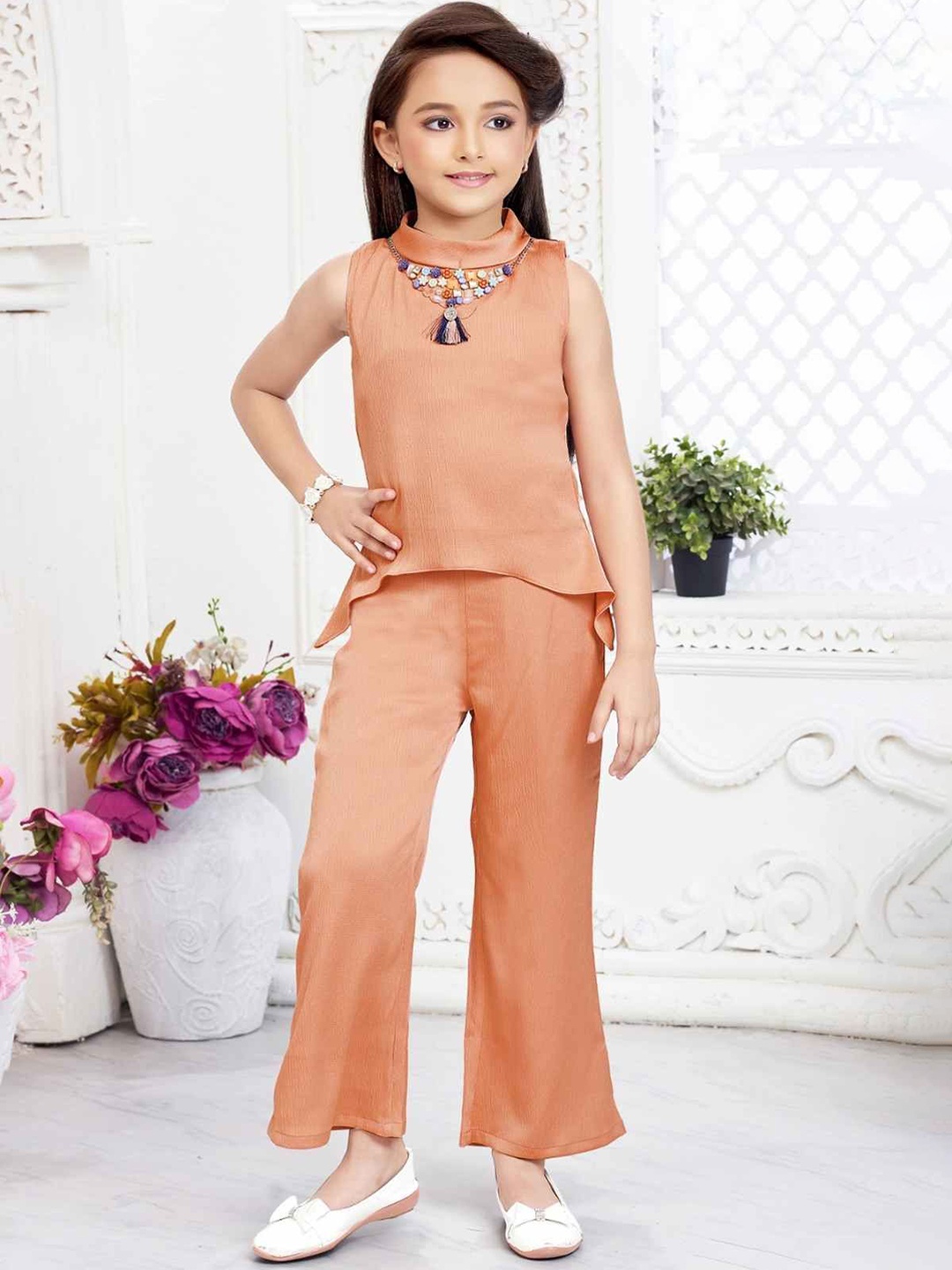

Lagorii Girls Printed Stylish Casual Top & Trousers Clothing Set, Peach