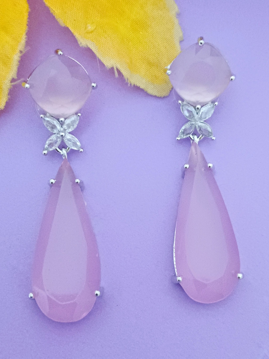 

EVY Silver-Plated Cubic Zirconia Studded Contemporary Drop Earrings, Pink