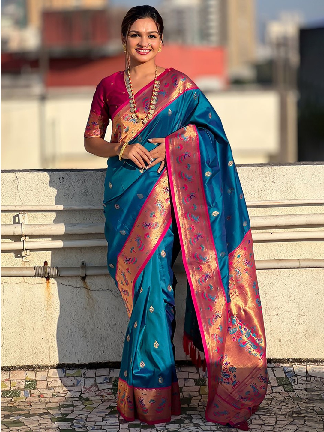 

all about you Woven Design Zari Silk Blend Paithani Saree, Blue