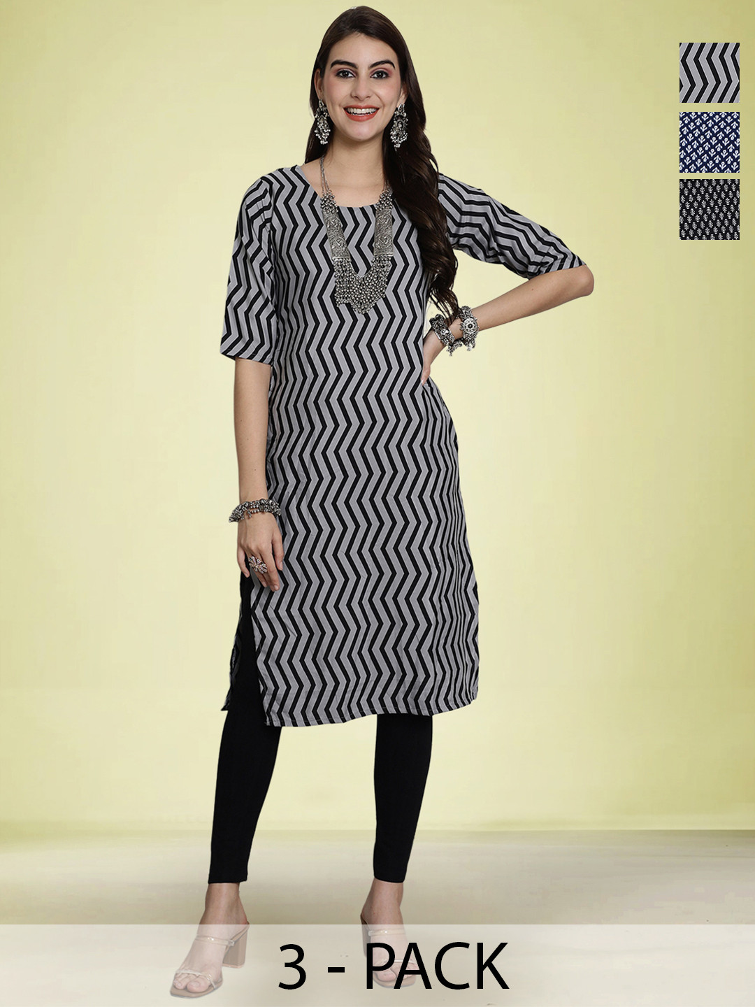 

Moda Rapido Selection Of 3 Floral Printed Round Neck Straight Kurtas, Blue