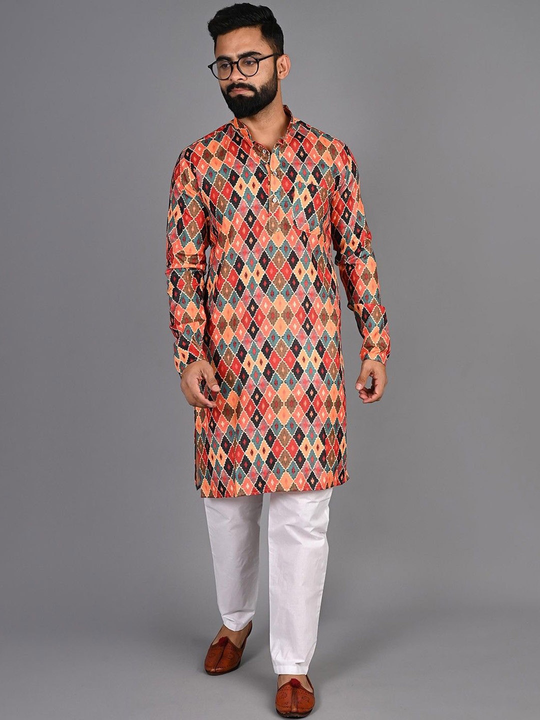 

PulseIQ Men Printed Regular Pure Cotton Kurta with Pyjamas, Brown