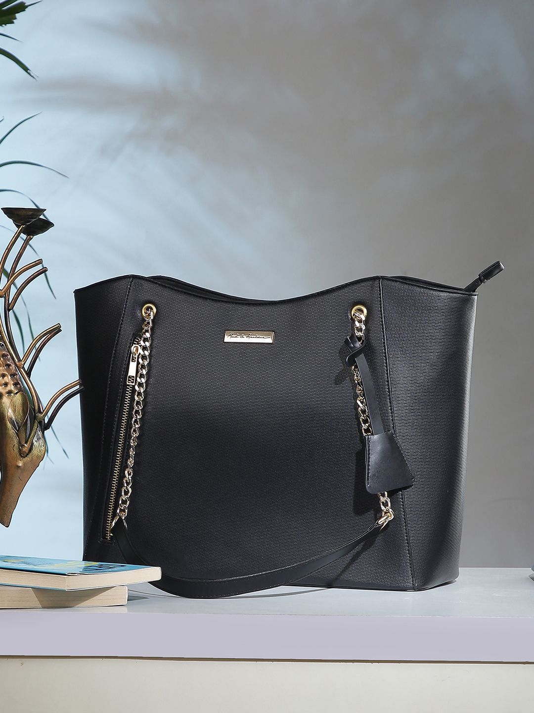 

Mast & Harbour Textured Structured Tote Bag with Tasselled, Black