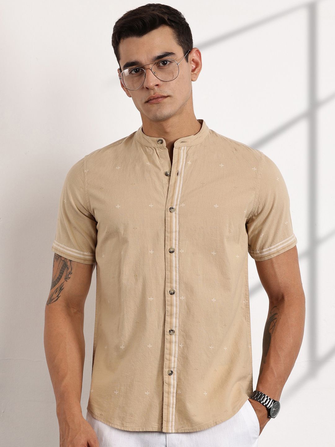 

Thomas Scott Men Premium Slim Fit Opaque Printed Casual Shirt, Beige