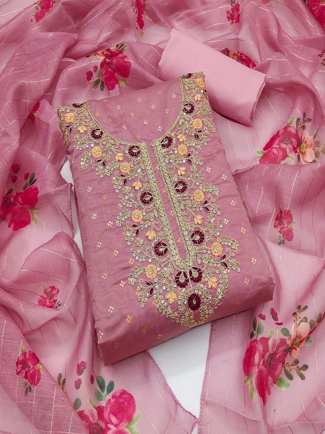 

REALLTREND Floral Sequinned Embroidered Unstitched Dress Material, Pink
