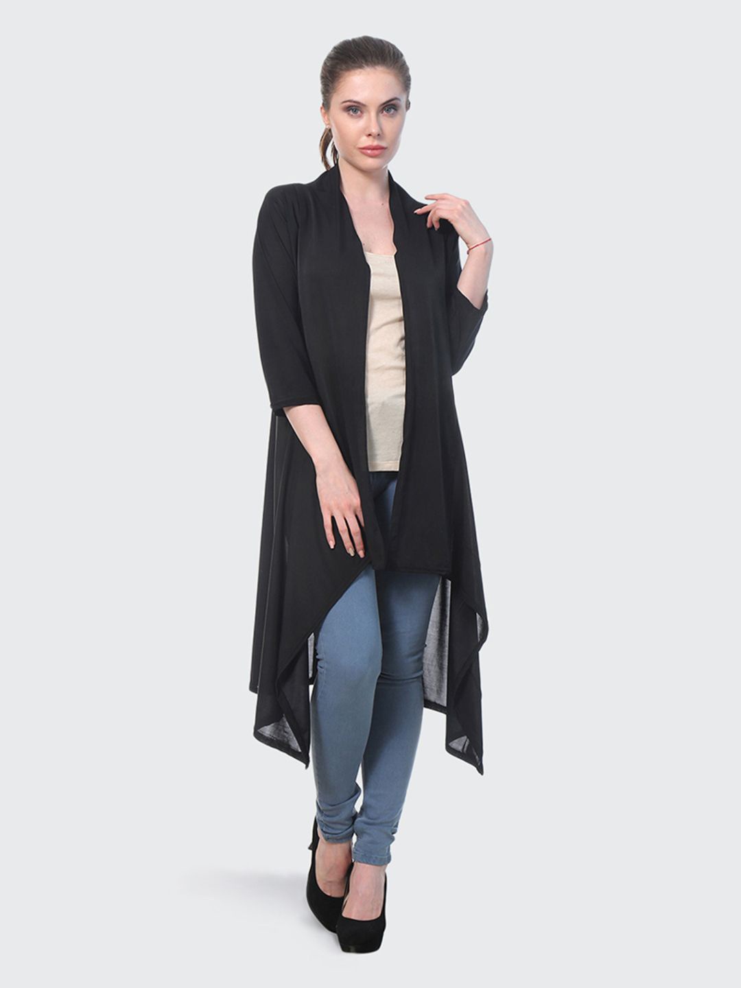 

DIMPY GARMENTS Open Front Longline Shrug, Black