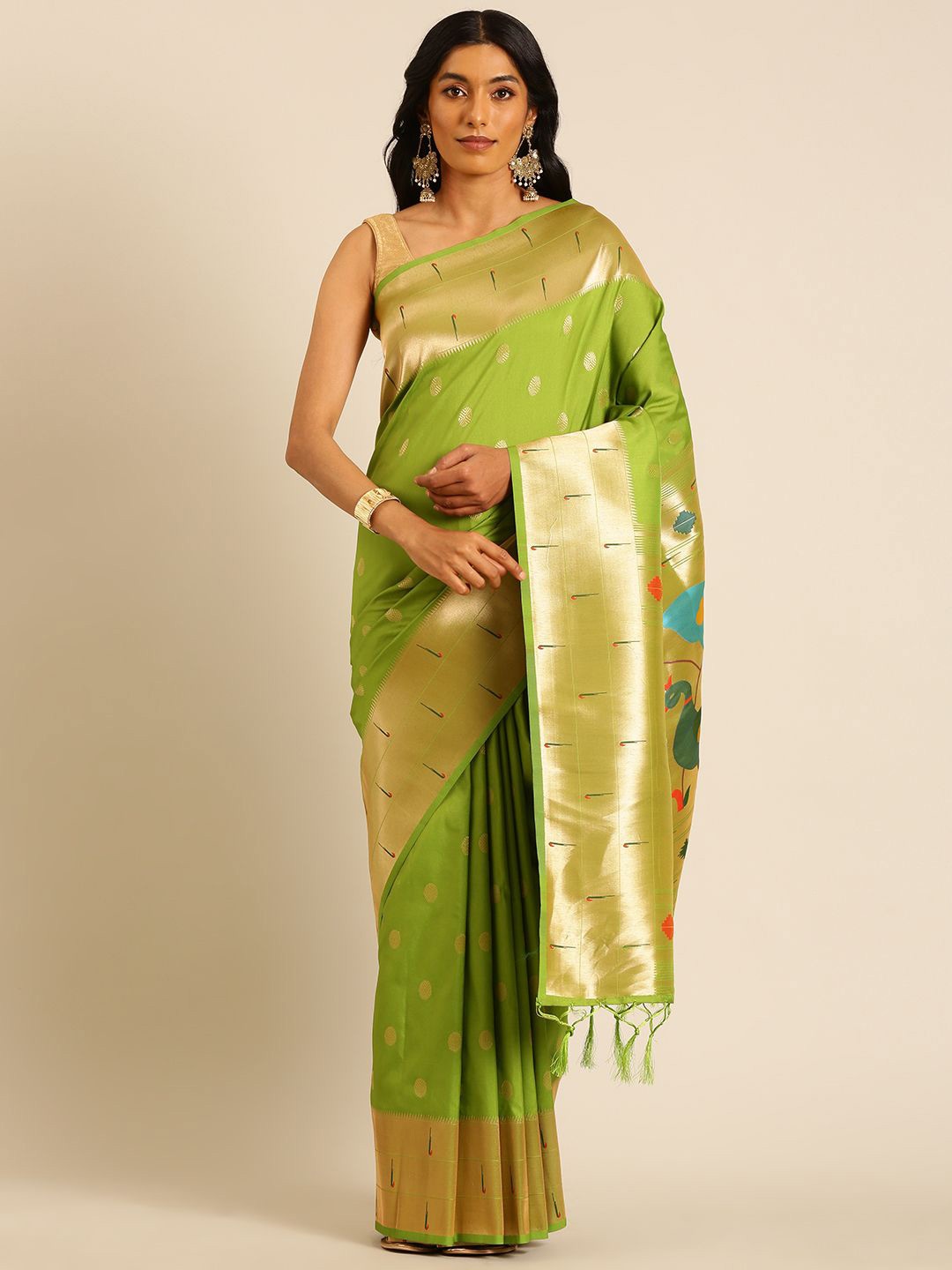 

DIVASTRI Woven Design Zari Silk Blend Designer Paithani Saree, Green