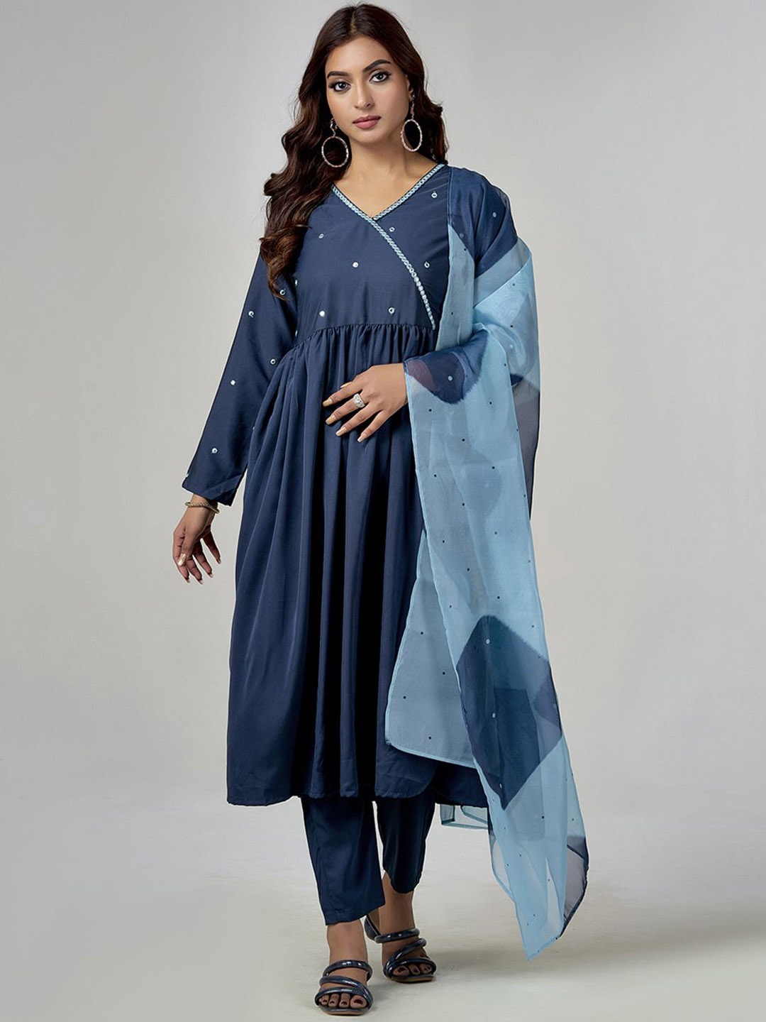 

Anouk Rustic Women Embroidered Pleated Mirror Work Kurta with Trousers & With Dupatta, Teal