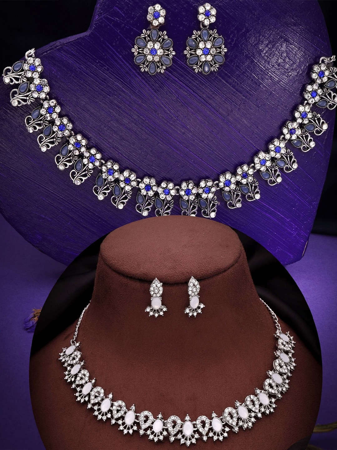 

DIVASTRI Set Of 2 Silver-Plated American Diamond-Studded Jewellery Set