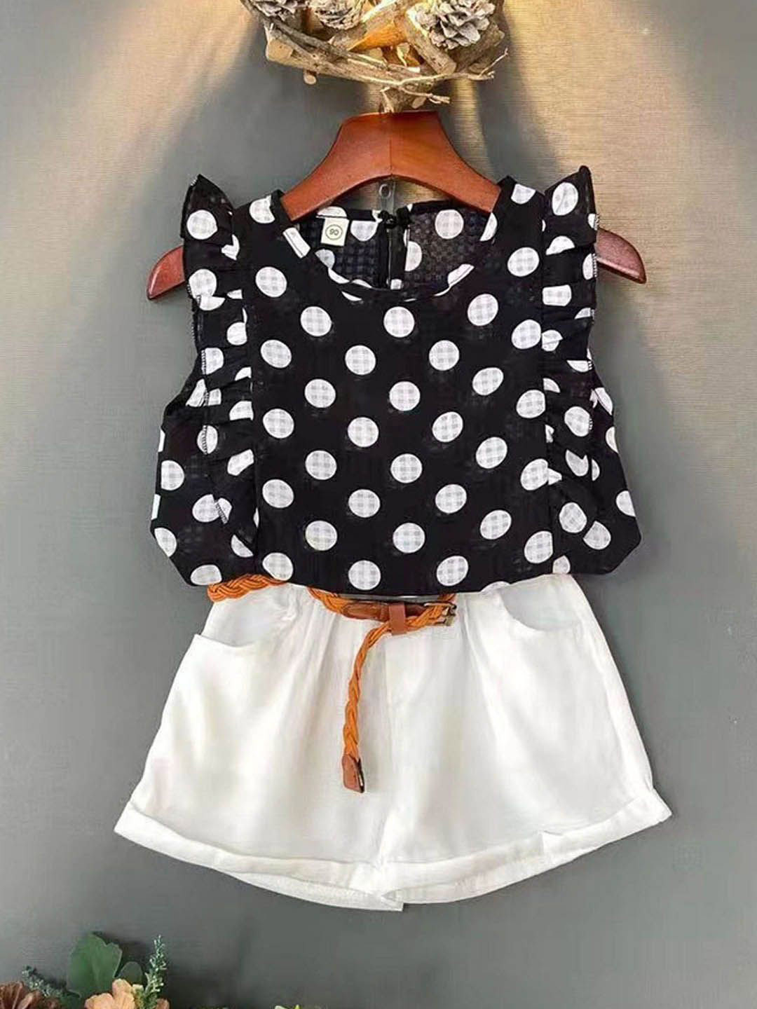 

Xsole Girls Polka Dot Printed Round Neck Top With Shorts, Black