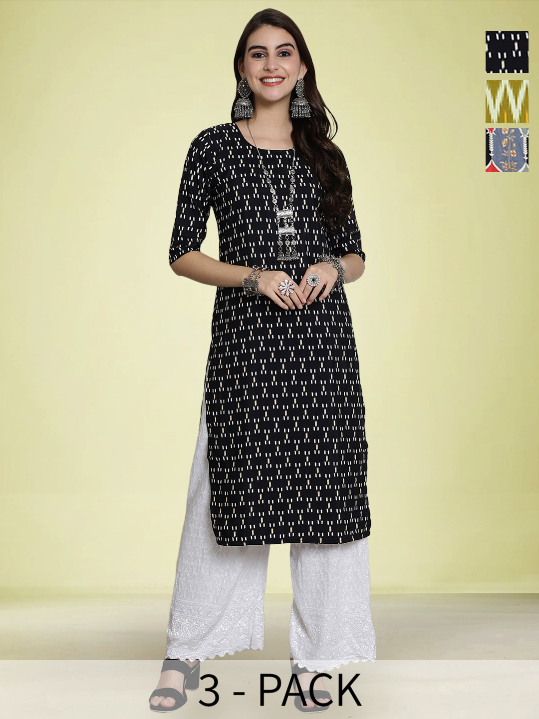 

Moda Rapido Selection Of 3 Floral Printed Round Neck Straight Kurtas, Black