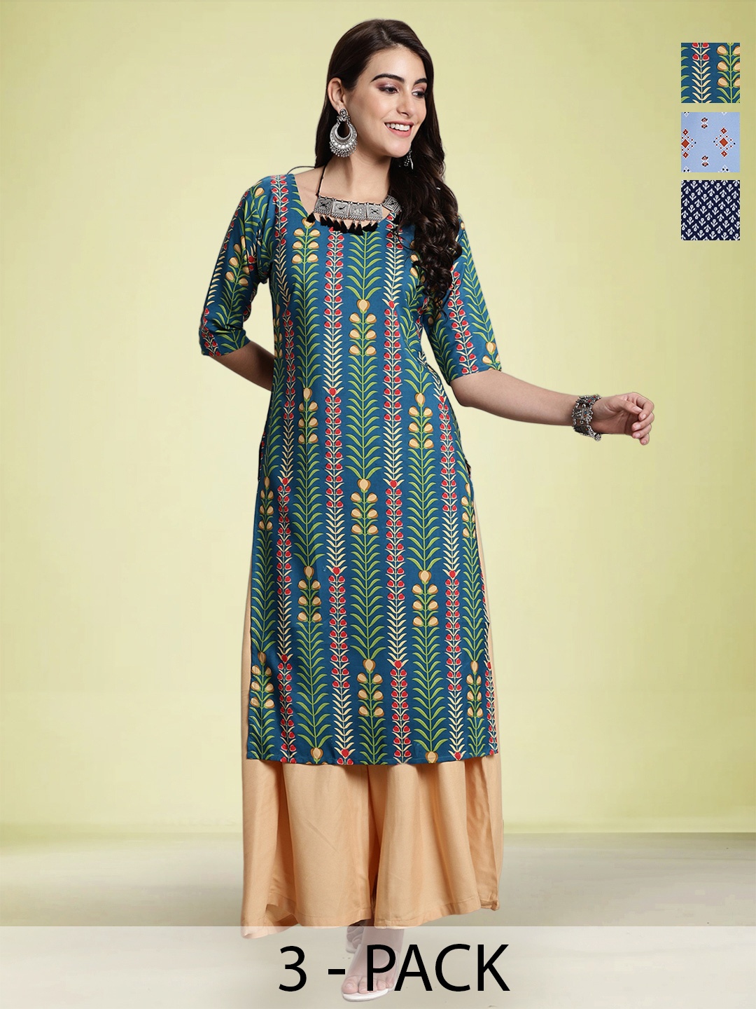 

Moda Rapido Selection Of 3 Floral Printed Round Neck Straight Kurtas, Blue