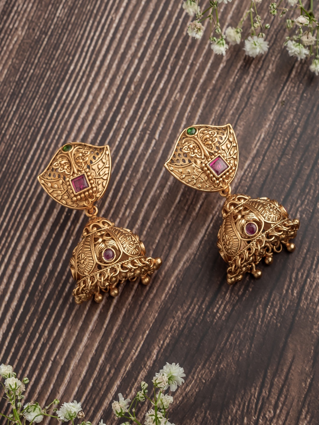 

vivinia BY VIDHI MEHRA Gold-Plated Artificial Stones Studded Dome Shaped Jhumkas