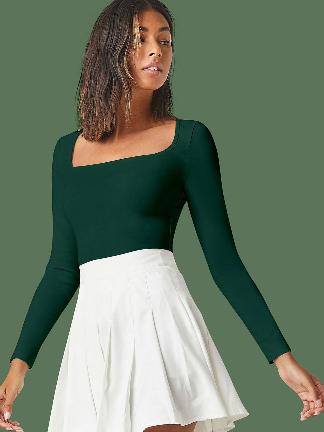

Dream Beauty Fashion Solid Square Neck Long Sleeves Top, Green