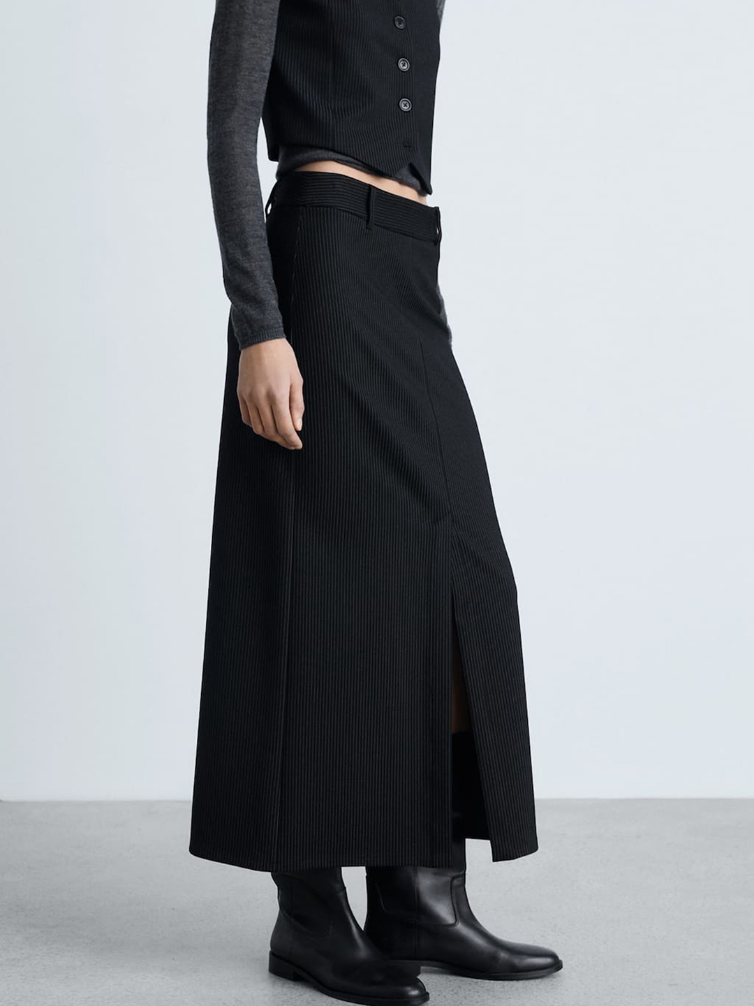 

MANGO Pin Striped Maxi Front Slit Skirt, Black