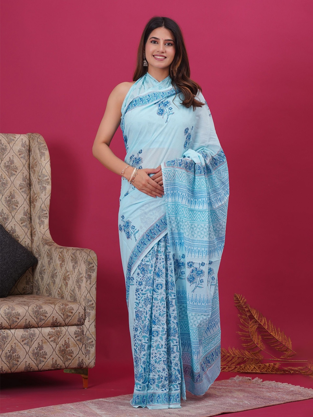 

Shivanya Handicrafts Floral Pure Cotton Block Print Saree, Blue