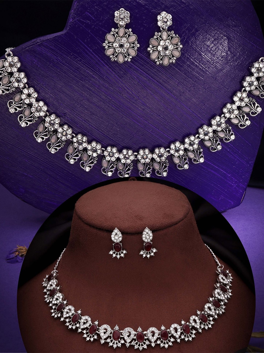 

DIVASTRI Set Of 2 Silver-Plated American Diamond Studded Jewellery Set
