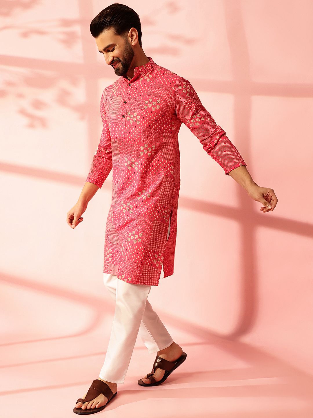 

Anouk Floral Printed Band Collar Cotton Linen Straight Kurta, Pink