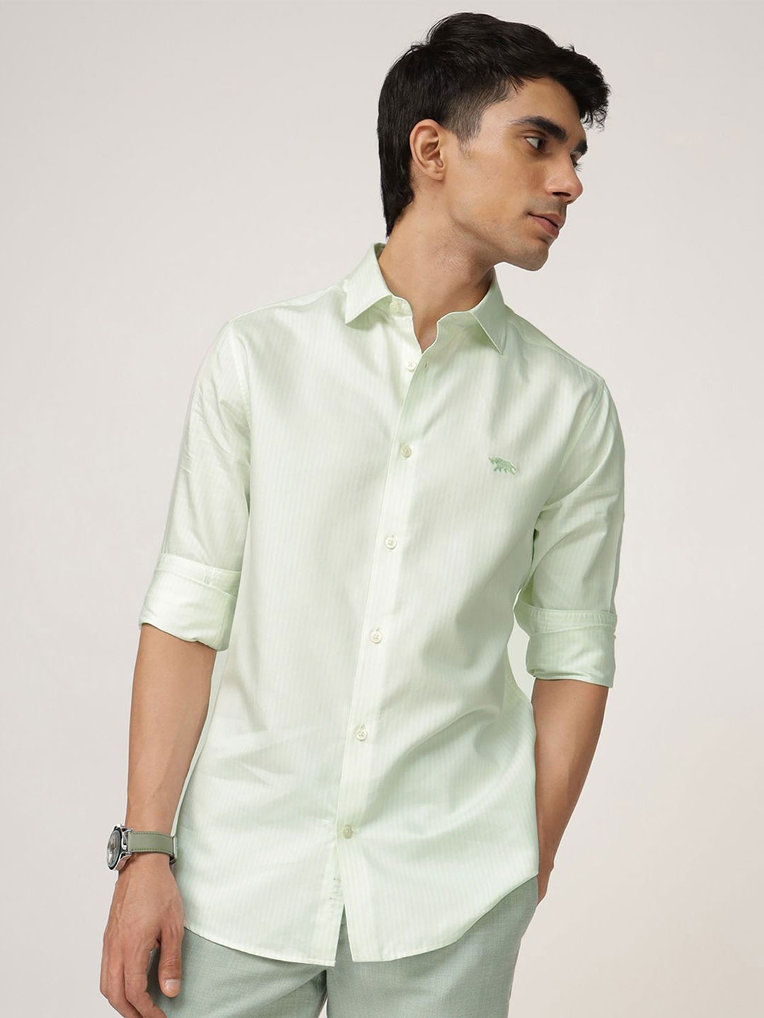 

Andamen Men Premium Slim Fit Opaque Striped Casual Shirt, Green