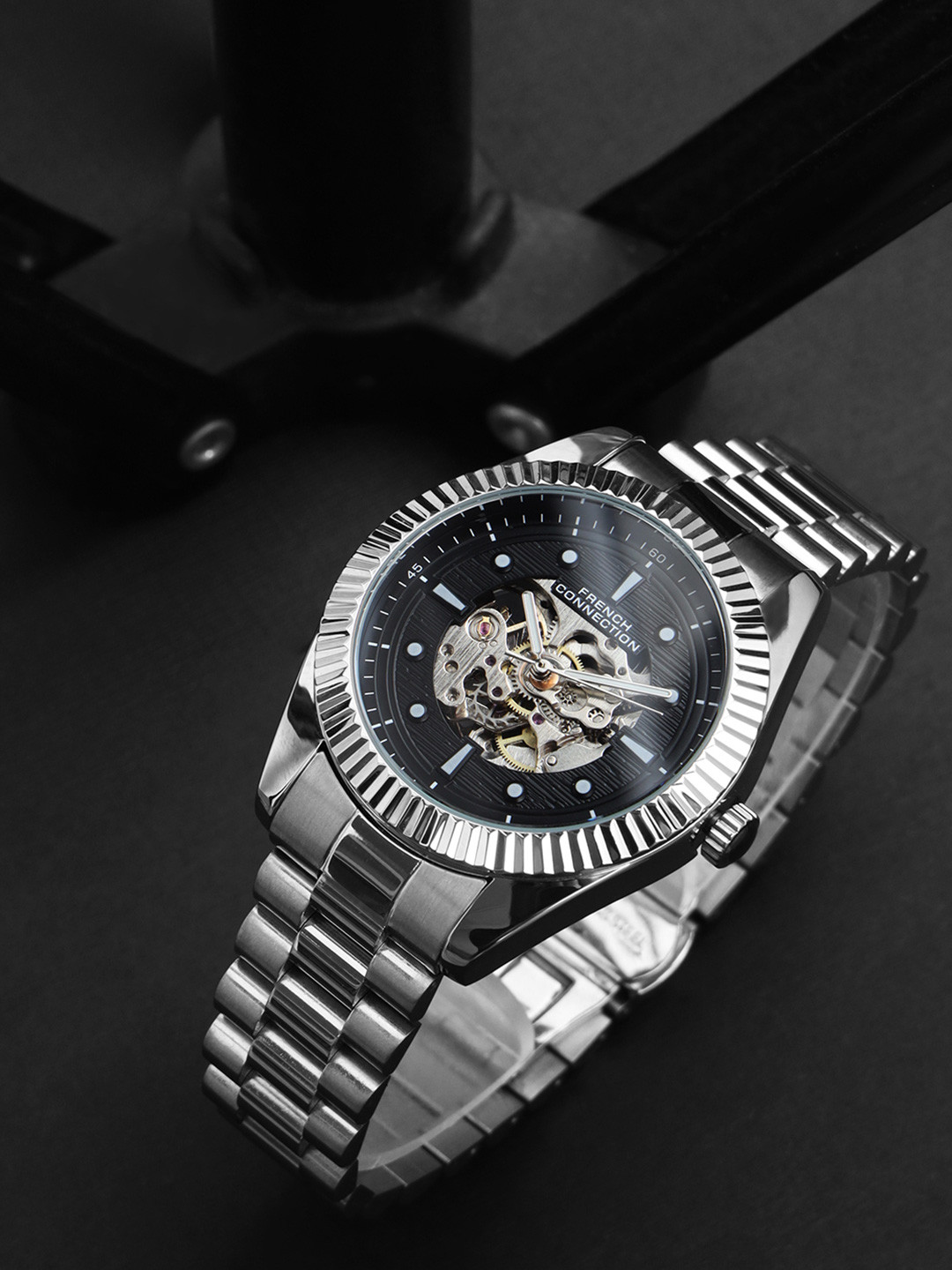 

French Connection Men Skeleton Dial & Stainless Steel Bracelet Style Straps Analogue Automatic Watch, Black