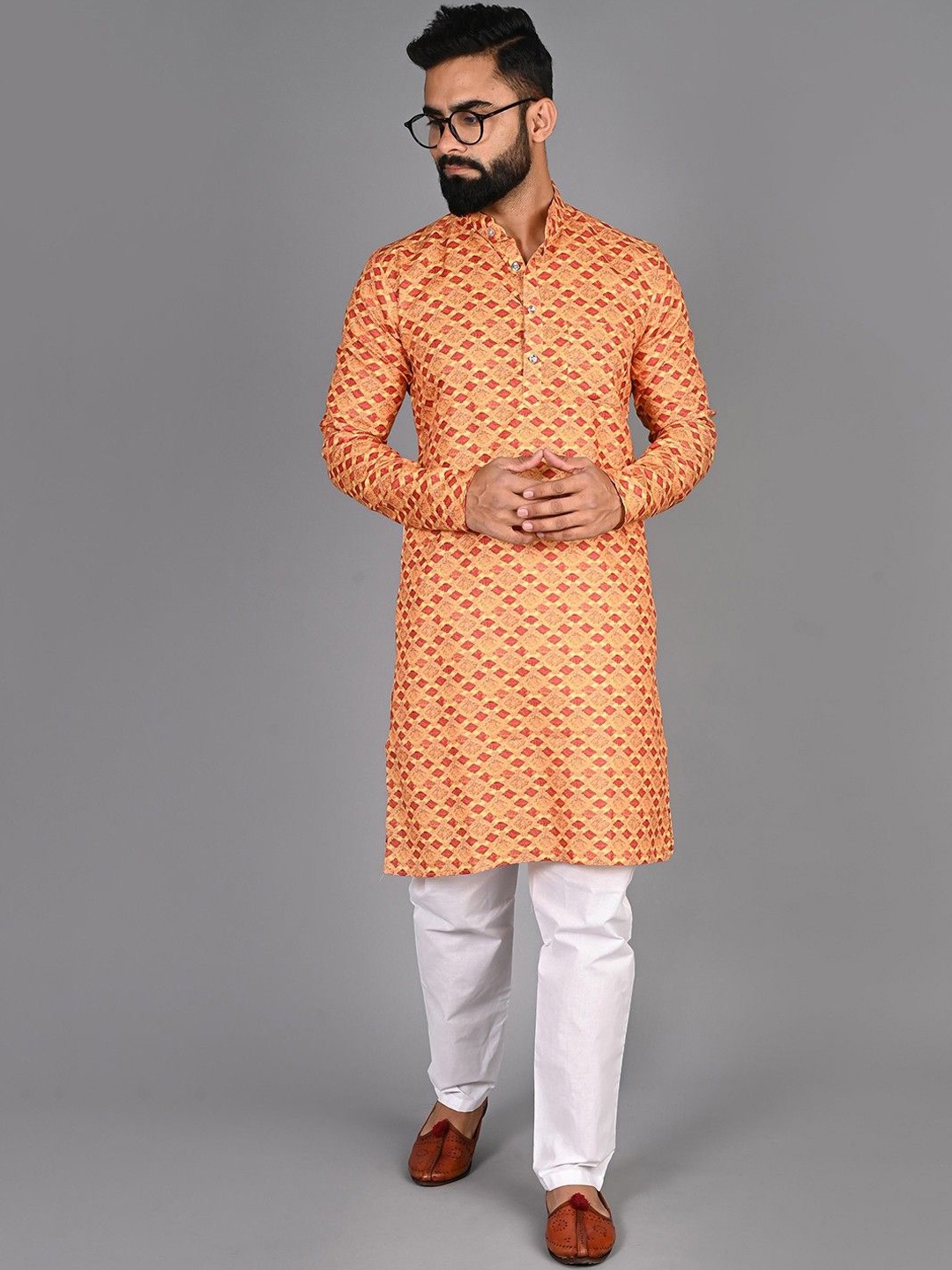 

PulseIQ Men Printed Regular Pure Cotton Kurta with Pyjamas, Orange