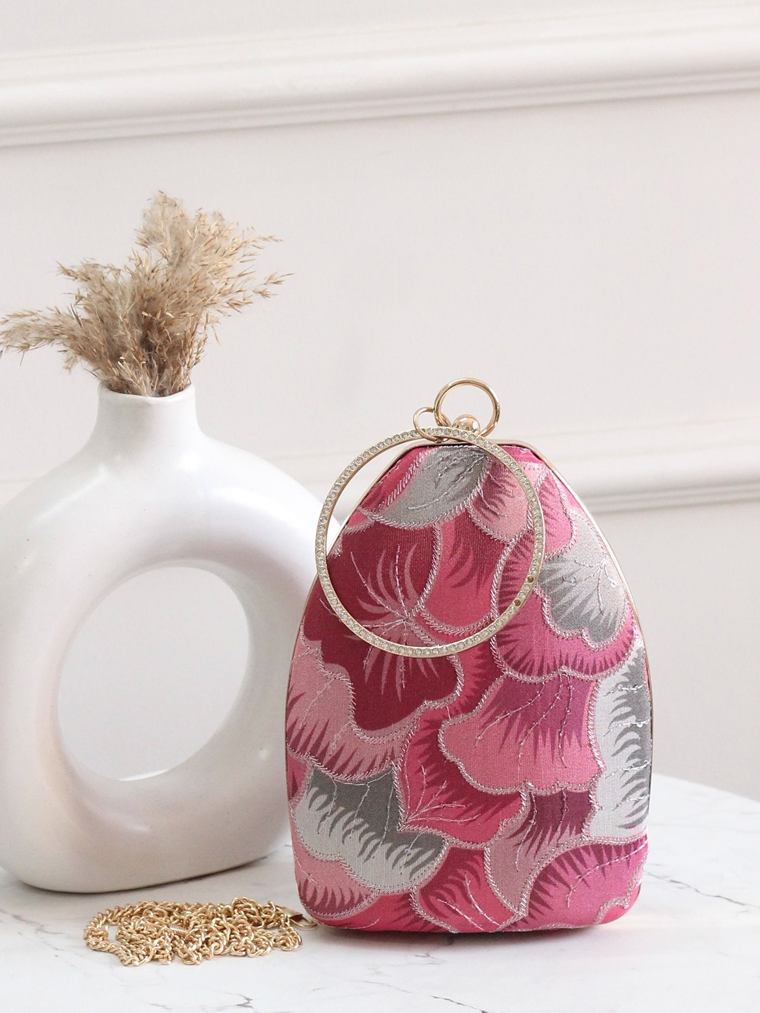 

BOXWISH BY BHUMIKA Embellished Half Moon Clutch with Cut Work, Pink
