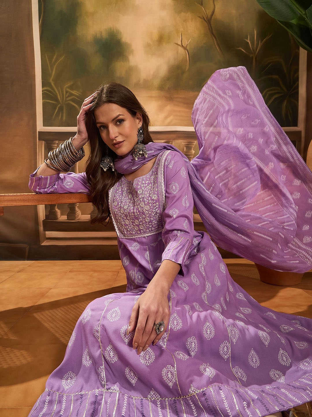 

Sangria Printed A-Line Kurta With Trousers & Dupatta, Purple