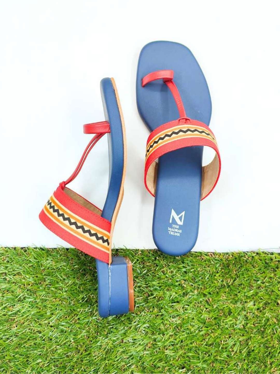 

THE MADRAS TRUNK Embellished Block Sandals, Blue