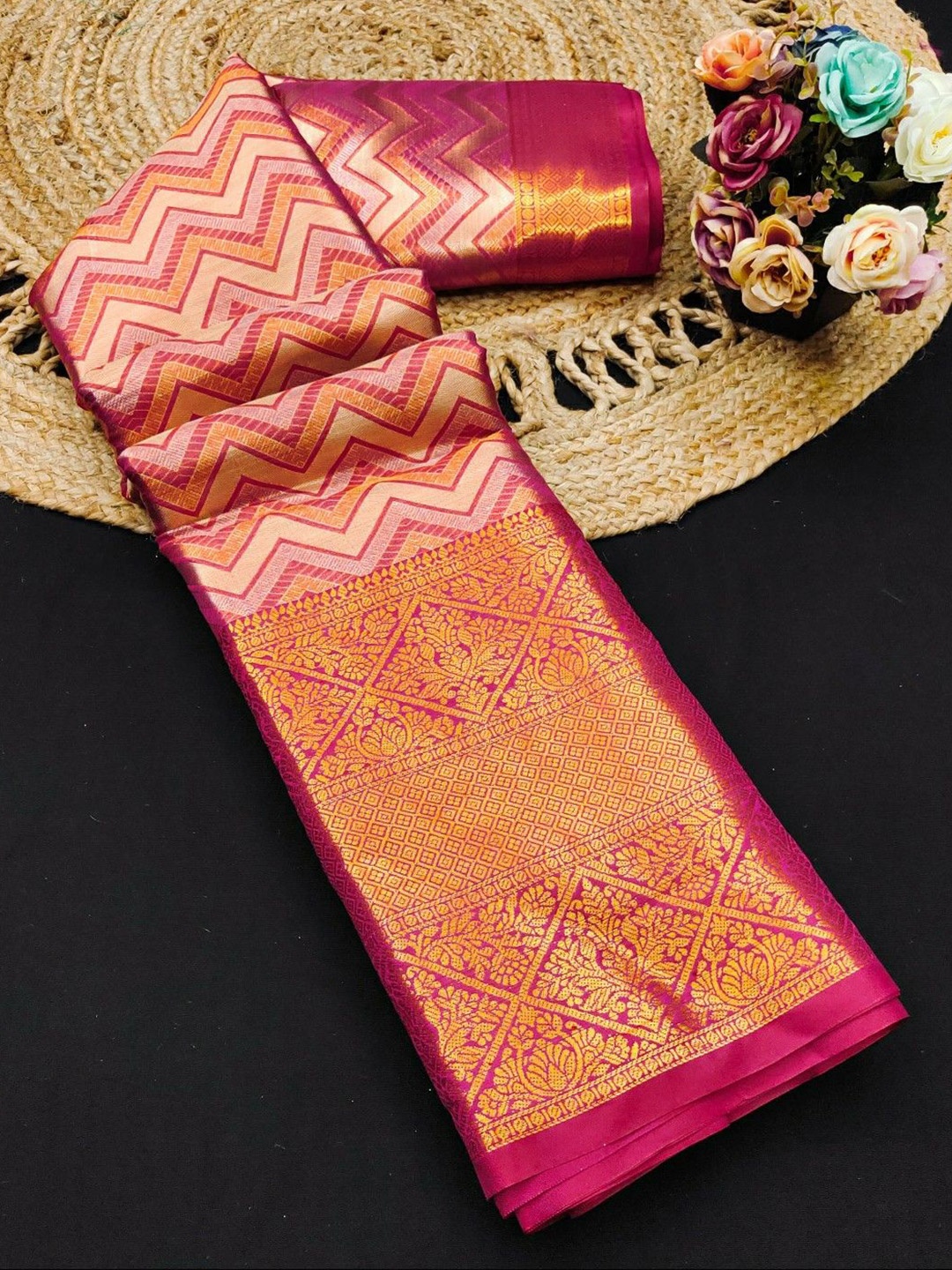 

Mitera Woven Design Zari Pure Silk Kanjeevaram Saree, Pink