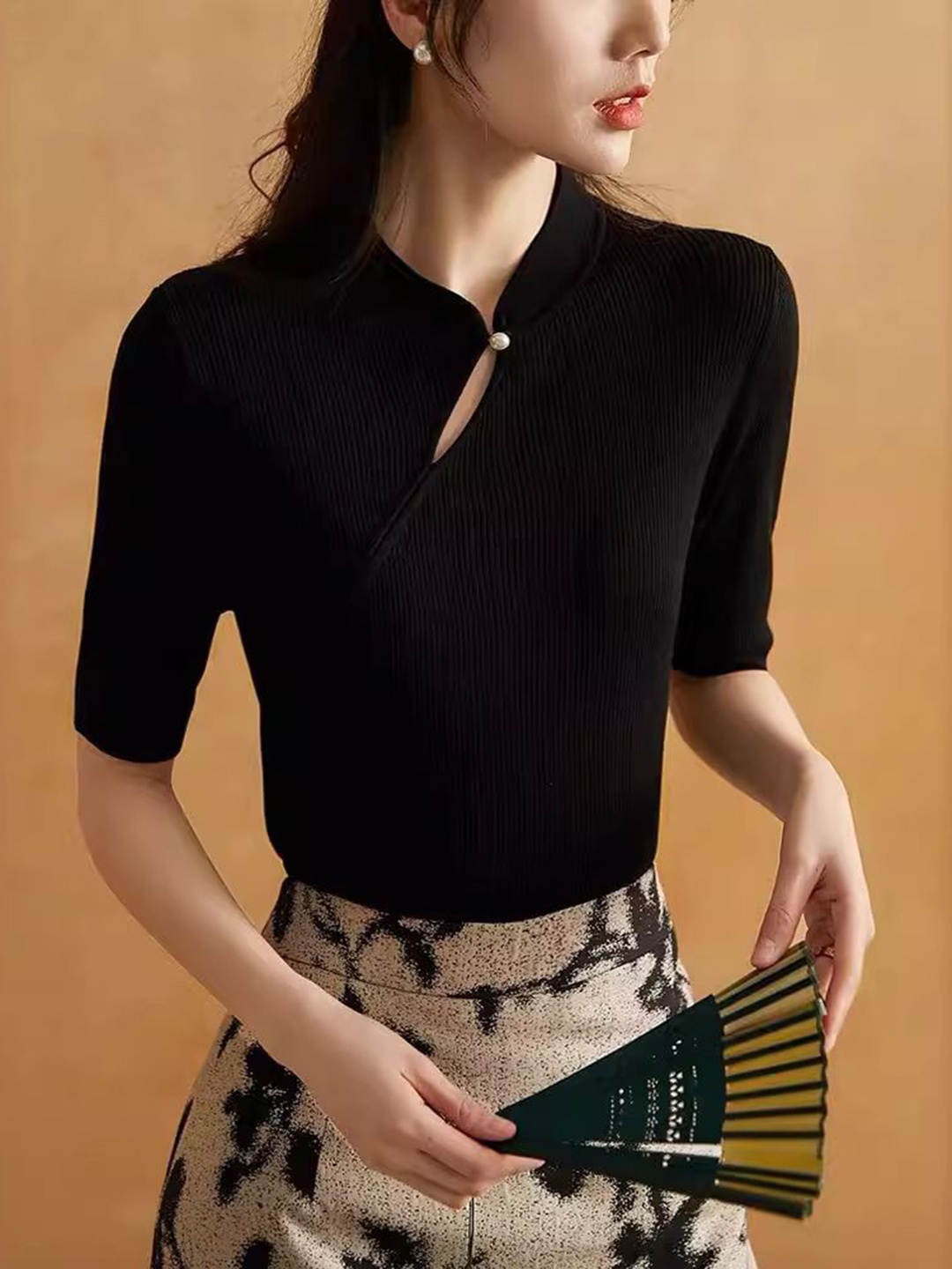 

StyleCast Women Mandarin Collar T-shirt, Black