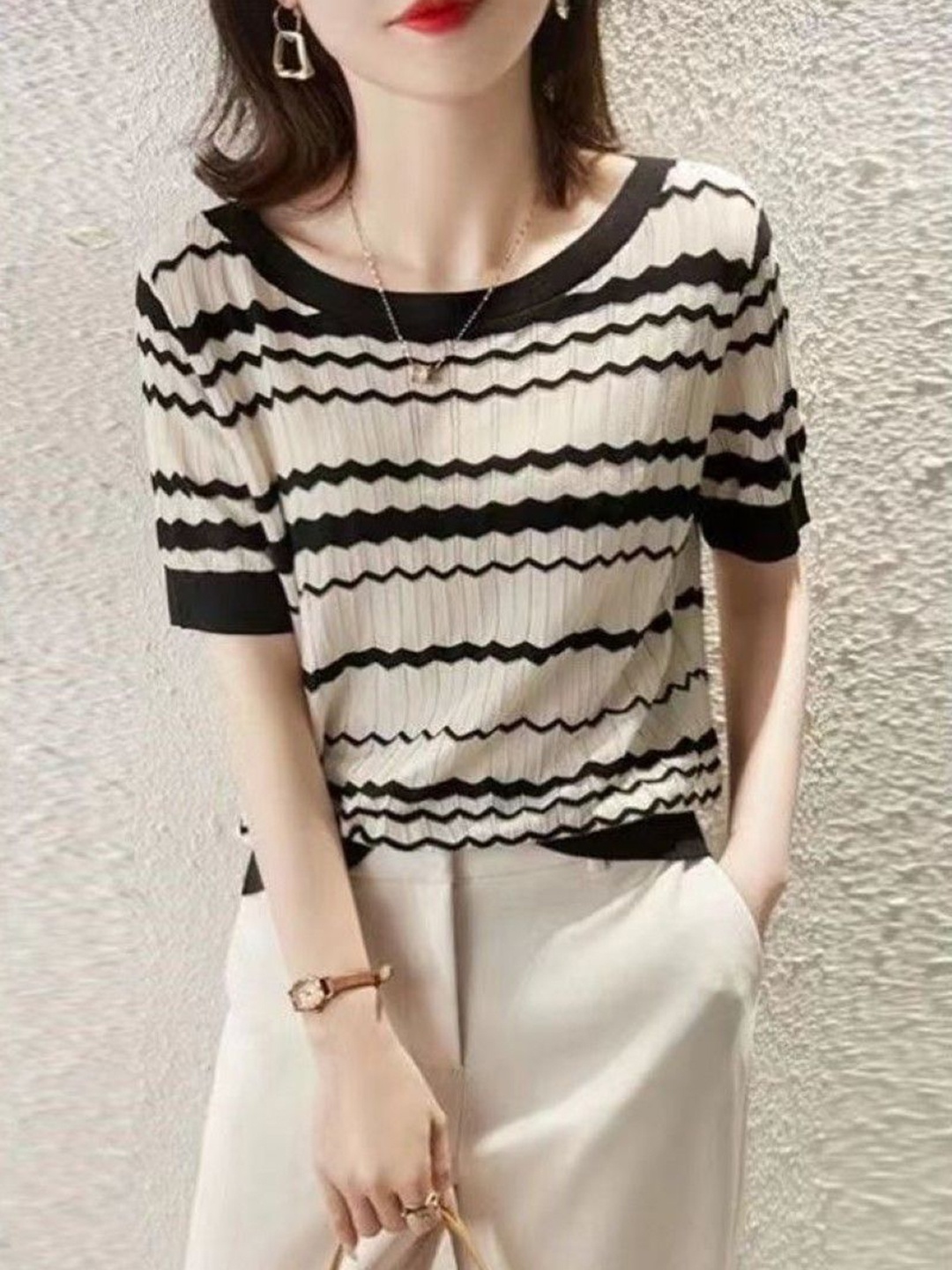 

StyleCast Women Striped T-shirt, Black