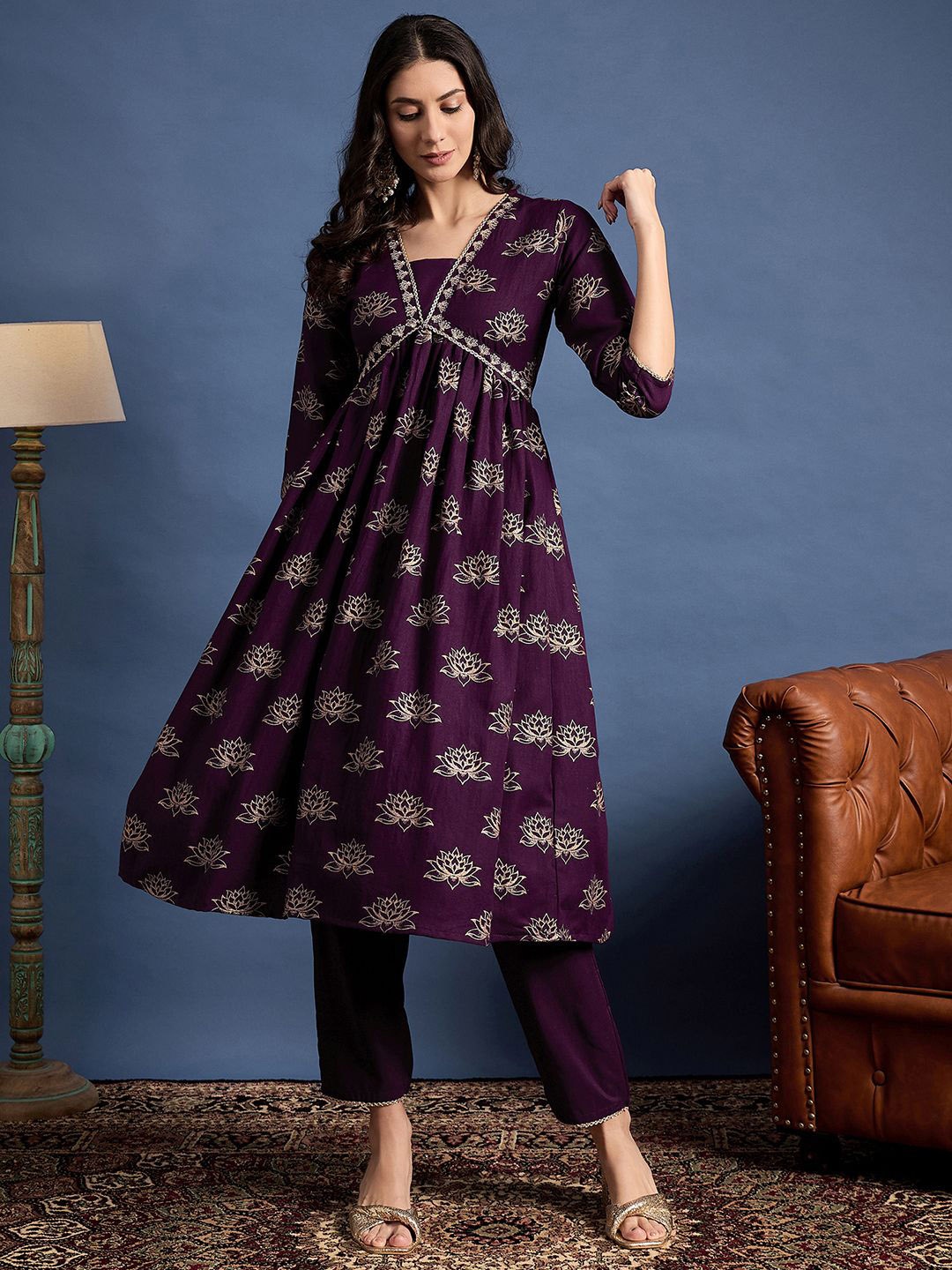 

Anouk Rustic Women Floral Embroidered Pleated Thread Work Kurta with Trousers, Purple