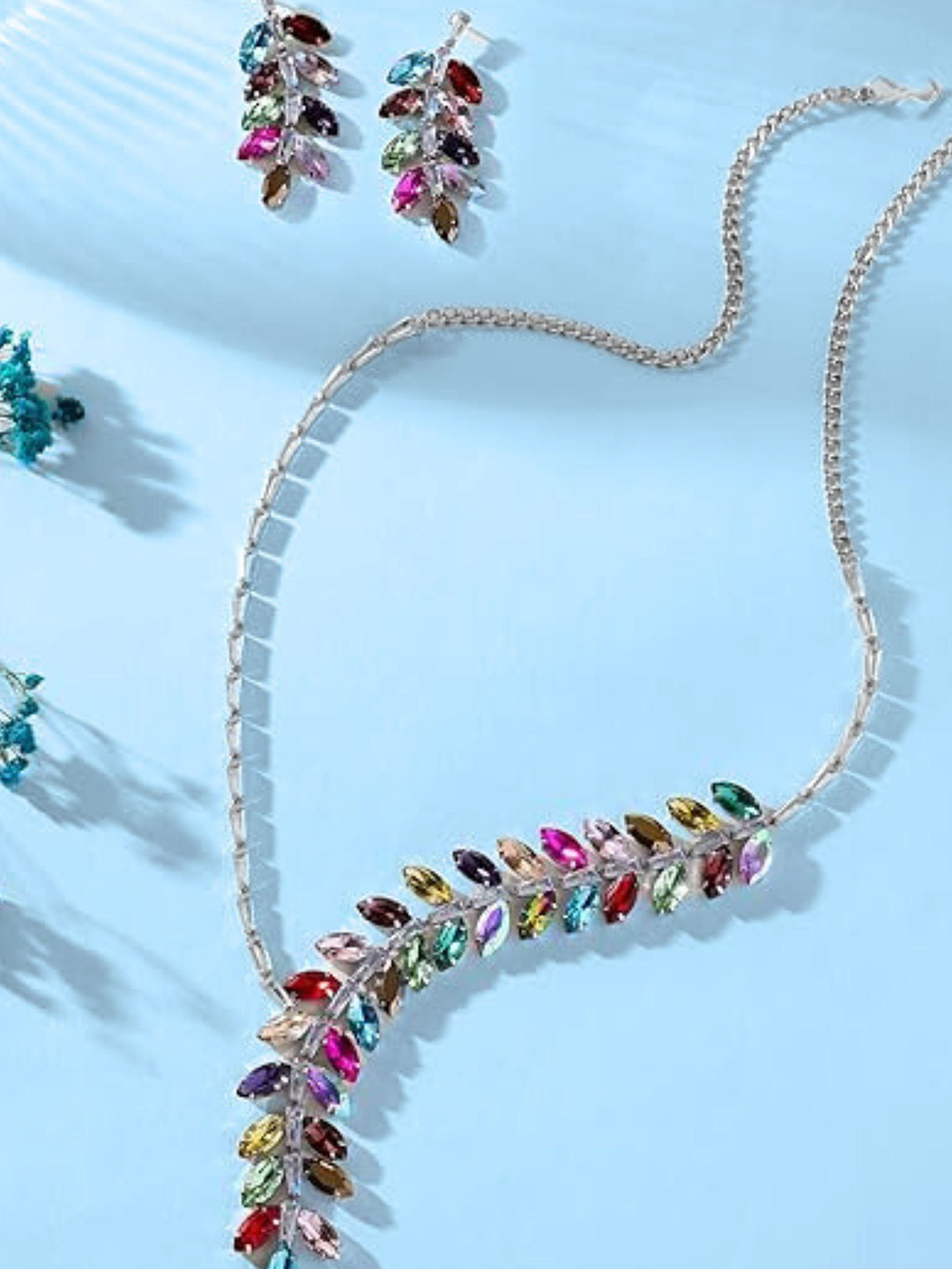 

ORANGENYSHA Rhodium-Plated American Diamond-Studded Jewellery Set, Silver
