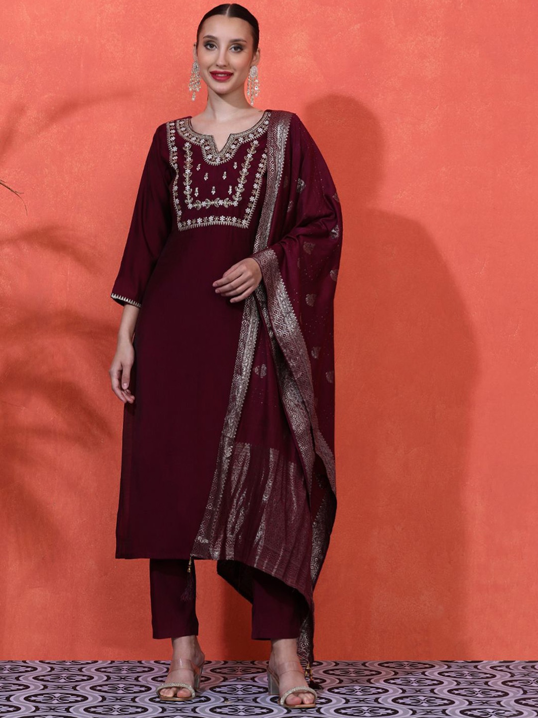 

Sangria Women Embroidered Straight Kurta With Trousers & Dupatta, Purple