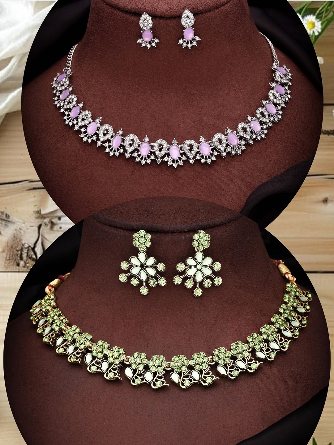 

DIVASTRI Set Of 2 Silver Plated & Gold Plated American Diamond Studded Jewellery Sets
