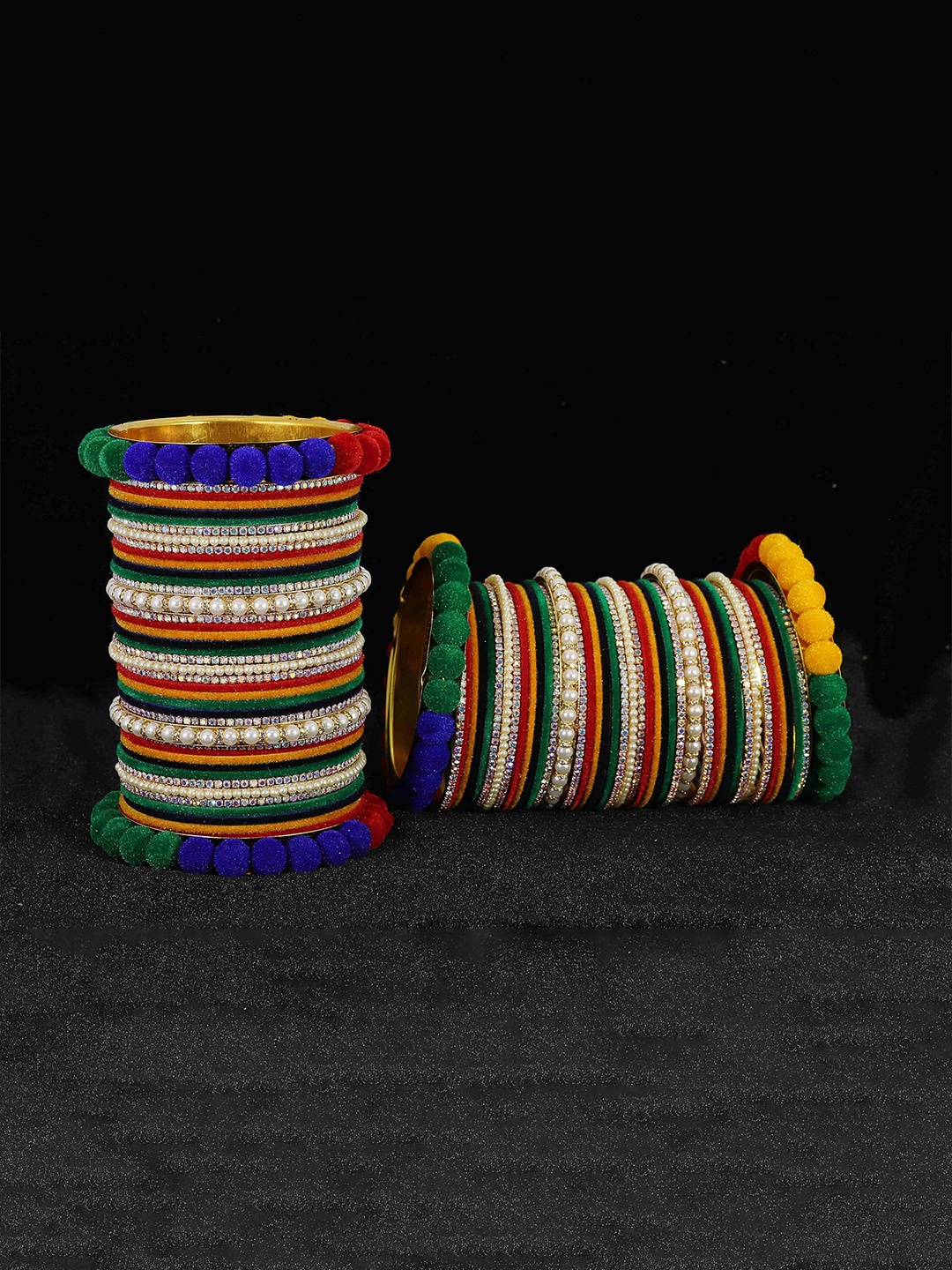 

ZULKA Set Of 86 Artificial Stones Studded & Pearls Velvet Chuda Bangles, Gold